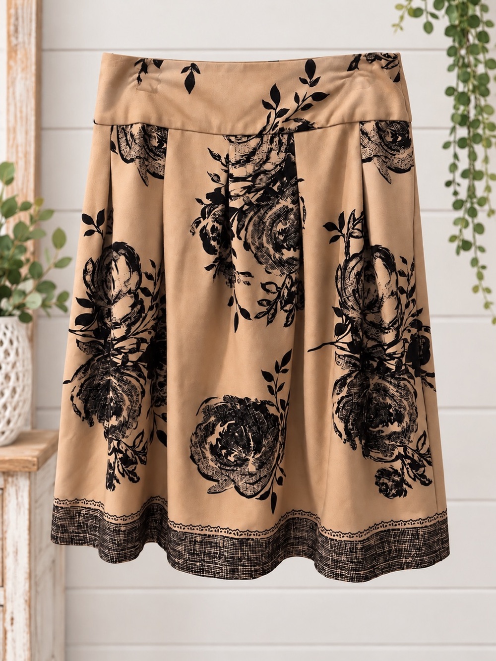 Christopher & Banks Tan Black Floral Pleated A-Line Skirt Size 10